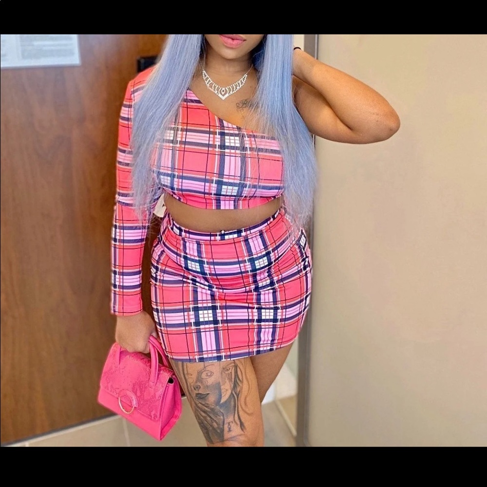 Pink plaid two piece set